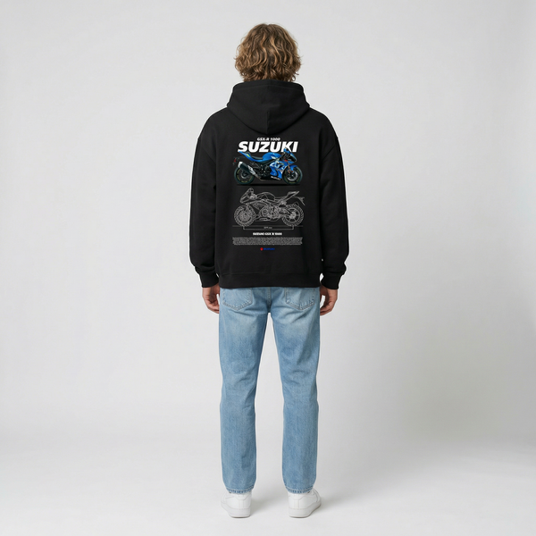 Black Suzuki GSX-R 1000 hoodie full body back view with large GSX-R 1000 back print | Durty Bikerz