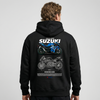 Black Suzuki GSX-R 1000 hoodie back view with GSX-R 1000 motorcycle graphic print | Durty Bikerz