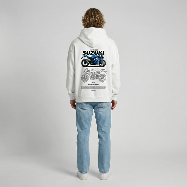 White Suzuki GSX-R 1000 hoodie full body back view showing large GSX-R 1000 back print | Durty Bikerz