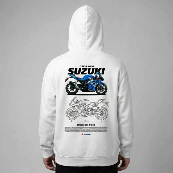 White Suzuki GSX-R 1000 hoodie back view with GSX-R 1000 motorcycle graphic print | Durty Bikerz