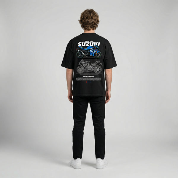 Black Suzuki GSX-R 1000 t-shirt full body back view with large GSX-R 1000 back print | Durty Bikerz