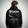 Black Suzuki Hayabusa hoodie back view with Hayabusa hypersport motorcycle graphic print | Durty Bikerz