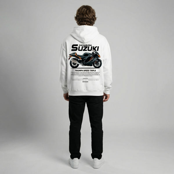 White Suzuki Hayabusa hoodie full body back view showing large Hayabusa back print | Durty Bikerz