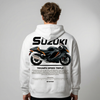 White Suzuki Hayabusa hoodie back view with Hayabusa hypersport motorcycle graphic print | Durty Bikerz