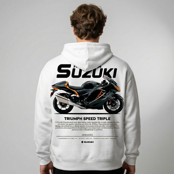 White Suzuki Hayabusa hoodie back view with Hayabusa hypersport motorcycle graphic print | Durty Bikerz