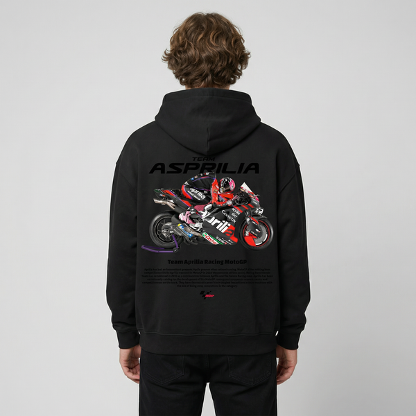 Black Team Aprilia Racing MotoGP hoodie back view with Aprilia MotoGP race bike graphic print | Durty Bikerz