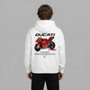 White Team Ducati MotoGP hoodie back view with Ducati MotoGP race bike graphic print | Durty Bikerz