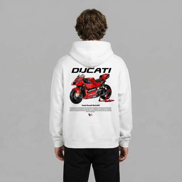 White Team Ducati MotoGP hoodie back view with Ducati MotoGP race bike graphic print | Durty Bikerz