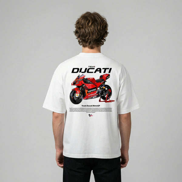 White Team Ducati MotoGP t-shirt back view with Ducati MotoGP race bike graphic print | Durty Bikerz