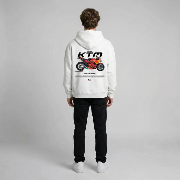 White Team KTM MotoGP hoodie full body back view showing large MotoGP back print | Durty Bikerz