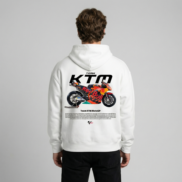 White Team KTM MotoGP hoodie back view with KTM MotoGP race bike graphic print | Durty Bikerz