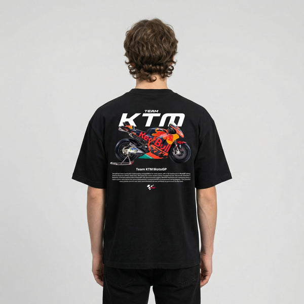Black Team KTM MotoGP t-shirt back view with KTM MotoGP race bike graphic print | Durty Bikerz