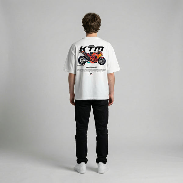 White Team KTM MotoGP t-shirt full body back view showing large MotoGP back print | Durty Bikerz