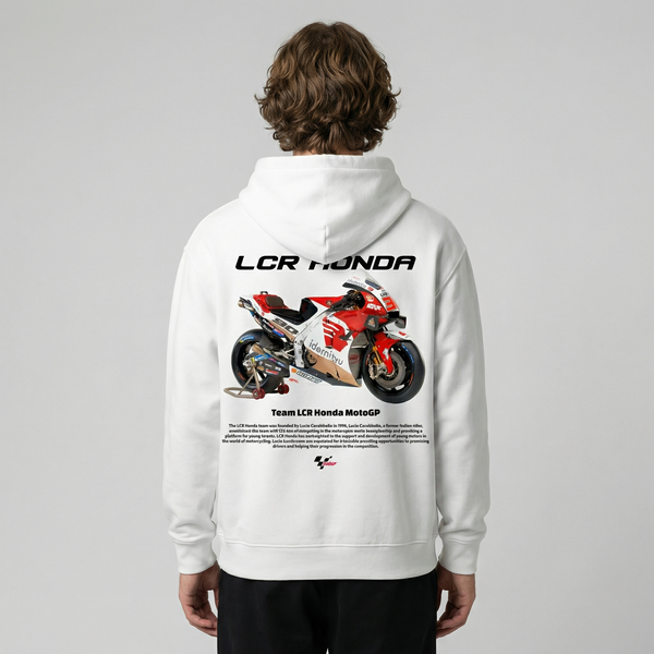White Team LCR Honda MotoGP hoodie back view with LCR Honda race bike graphic print | Durty Bikerz