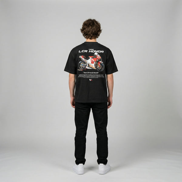 Black Team LCR Honda MotoGP t-shirt full body back view with large MotoGP back print | Durty Bikerz