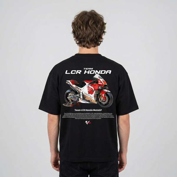 Black Team LCR Honda MotoGP t-shirt back view with LCR Honda race bike graphic print | Durty Bikerz
