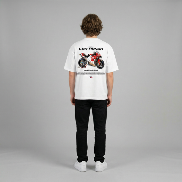 White Team LCR Honda MotoGP t-shirt full body back view showing large MotoGP back print | Durty Bikerz