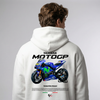 White Valentino Rossi MotoGP hoodie back view with Yamaha MotoGP bike graphic print | Durty Bikerz