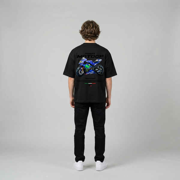 Black Valentino Rossi MotoGP t-shirt full body back view with large MotoGP back print | Durty Bikerz