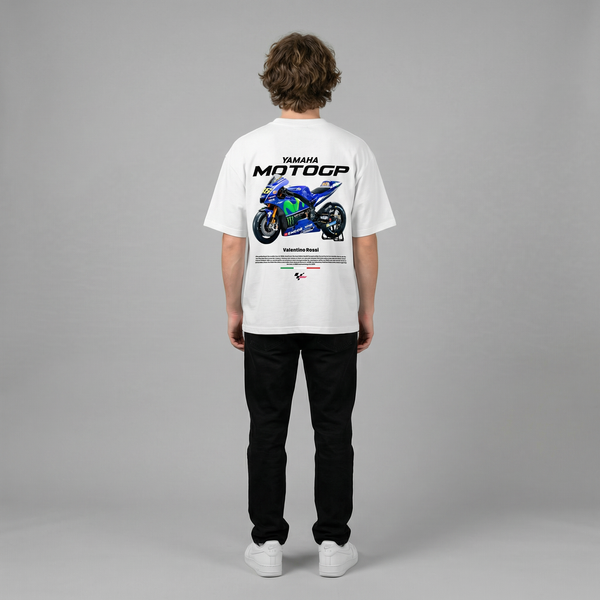 White Valentino Rossi MotoGP t-shirt full body back view showing large MotoGP back print | Durty Bikerz