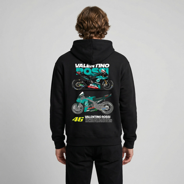 Black Valentino Rossi Petronas hoodie back view with MotoGP-inspired graphic and number 46 | Durty Bikerz