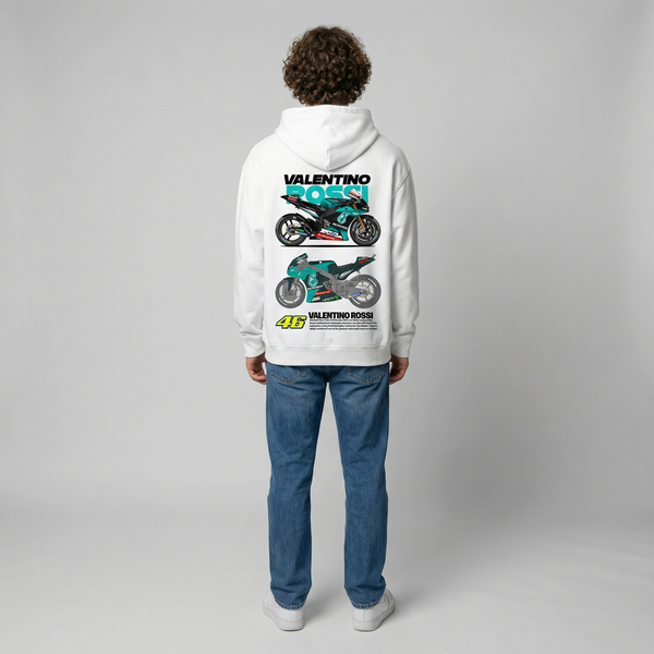 White Valentino Rossi Petronas hoodie full body back view showing large racing back print | Durty Bikerz