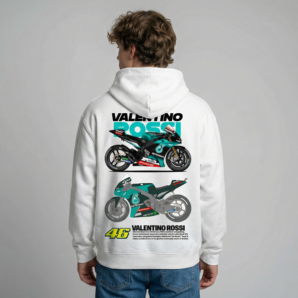 White Valentino Rossi Petronas hoodie back view with MotoGP-inspired graphic and number 46 | Durty Bikerz