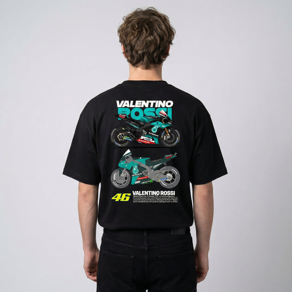 Black Valentino Rossi Petronas t-shirt back view with MotoGP graphic and number 46 | Durty Bikerz
