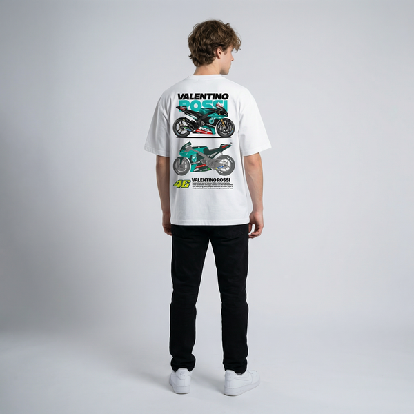 White Valentino Rossi Petronas t-shirt full body back view showing large racing back print | Durty Bikerz