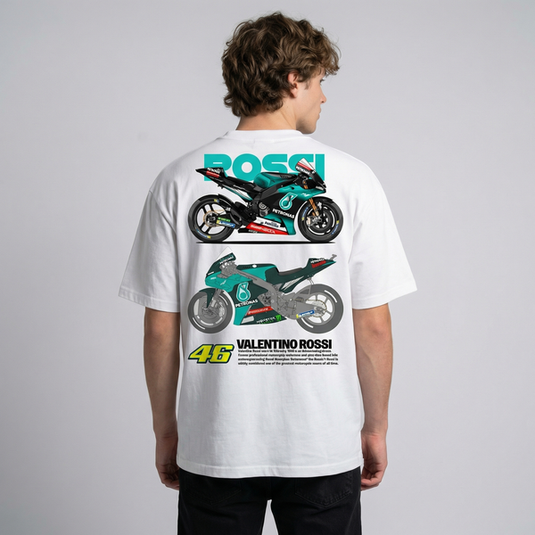 White Valentino Rossi Petronas t-shirt back view with MotoGP graphic and number 46 | Durty Bikerz