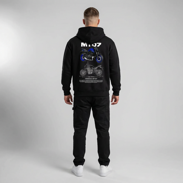 Black Yamaha MT-07 hoodie full body back view with large MT-07 print | Durty Bikerz