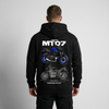 Black Yamaha MT-07 hoodie back view with MT-07 motorcycle graphic print | Durty Bikerz