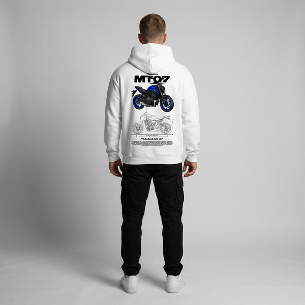 White Yamaha MT-07 hoodie full body back view showing large MT-07 print | Durty Bikerz