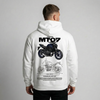 White Yamaha MT-07 hoodie back view with MT-07 motorcycle graphic print | Durty Bikerz
