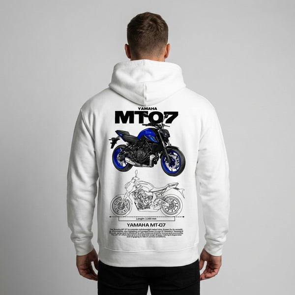 White Yamaha MT-07 hoodie back view with MT-07 motorcycle graphic print | Durty Bikerz