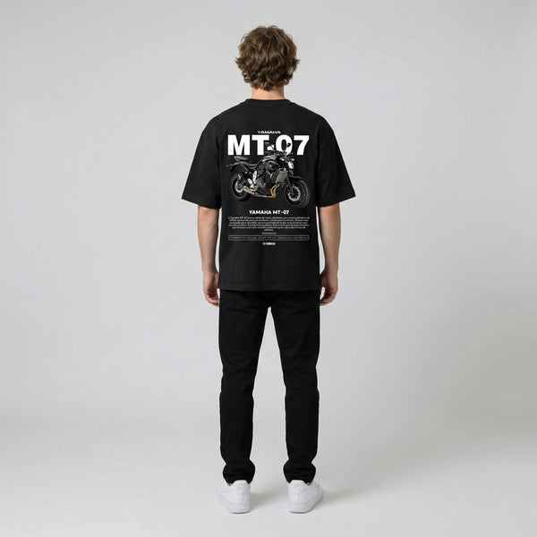 Black Yamaha MT-07 t-shirt full body back view with large MT-07 back print | Durty Bikerz