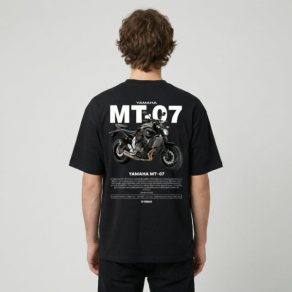 Black Yamaha MT-07 t-shirt back view with MT-07 motorcycle graphic print | Durty Bikerz