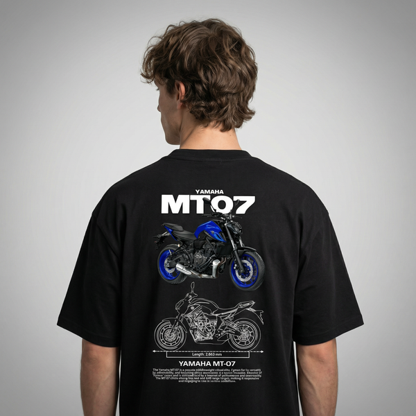 Black Yamaha MT-07 t-shirt back view with MT-07 motorcycle graphic print | Durty Bikerz