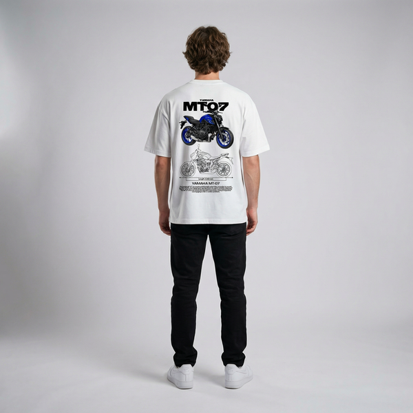 White Yamaha MT-07 t-shirt full body back view showing large MT-07 back print | Durty Bikerz