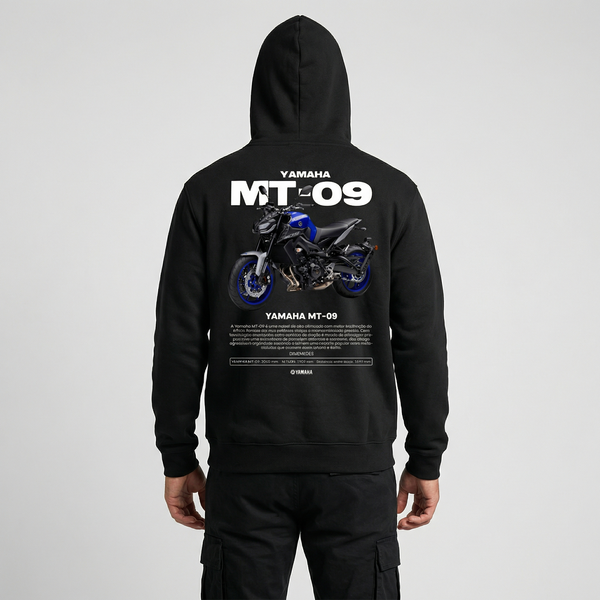 Black Yamaha MT-09 hoodie back view with MT-09 motorcycle graphic print | Durty Bikerz