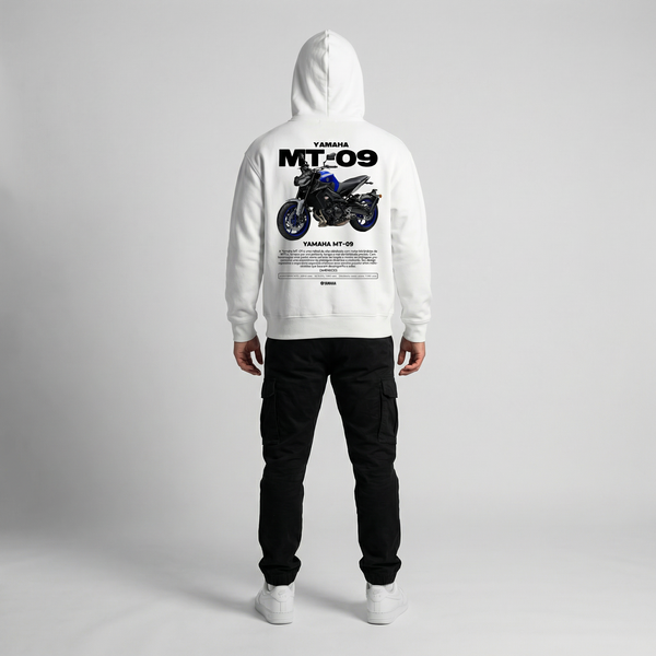 White Yamaha MT-09 hoodie full body back view showing large MT-09 back print | Durty Bikerz