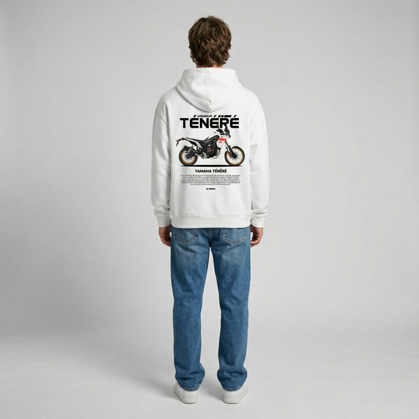 White Yamaha Ténéré hoodie full body back view showing large Ténéré back print | Durty Bikerz