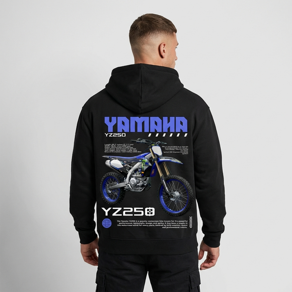 Black Yamaha YZ250 hoodie back view with YZ250 motocross bike graphic print | Durty Bikerz