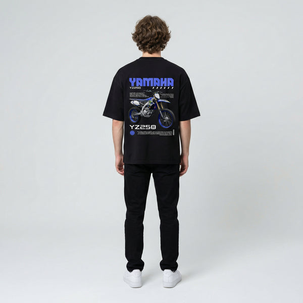 Black Yamaha YZ250 t-shirt full body back view with large YZ250 back print | Durty Bikerz