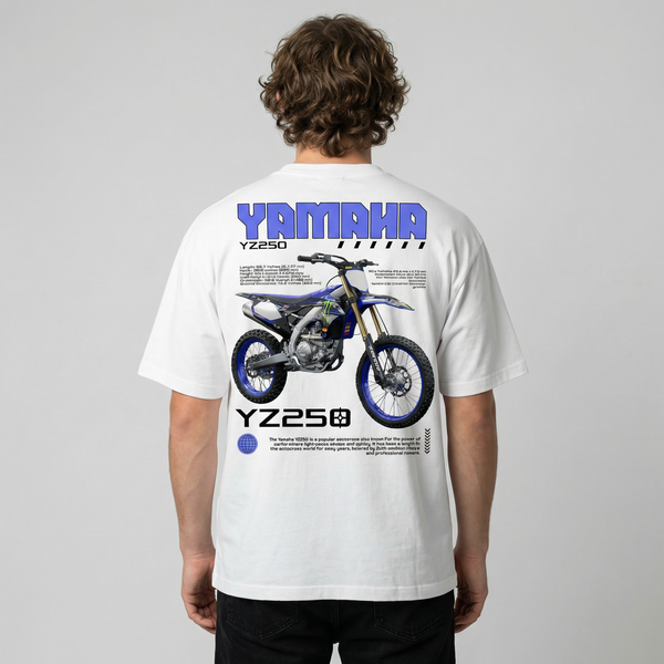 White Yamaha YZ250 t-shirt back view with YZ250 motocross bike graphic print | Durty Bikerz