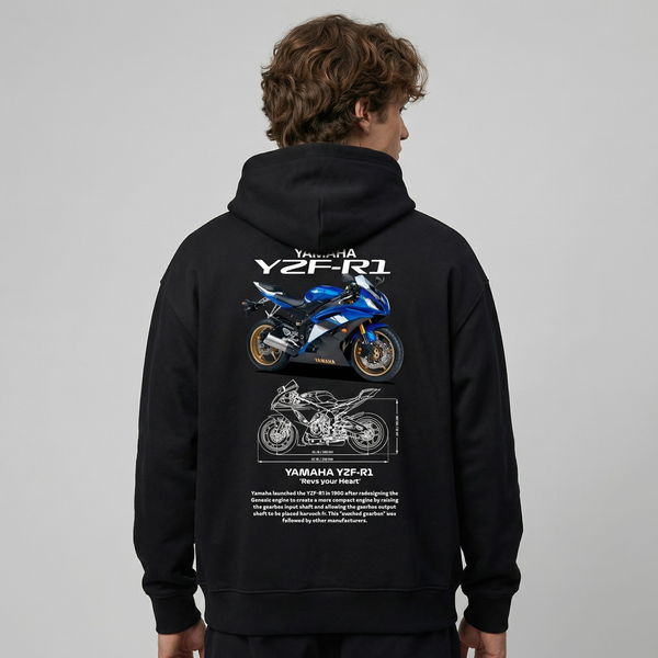 Black Yamaha YZF-R1 hoodie back view with YZF-R1 superbike graphic print | Durty Bikerz