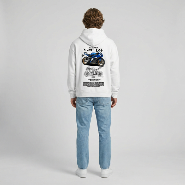 White Yamaha YZF-R1 hoodie full body back view showing large YZF-R1 back print | Durty Bikerz