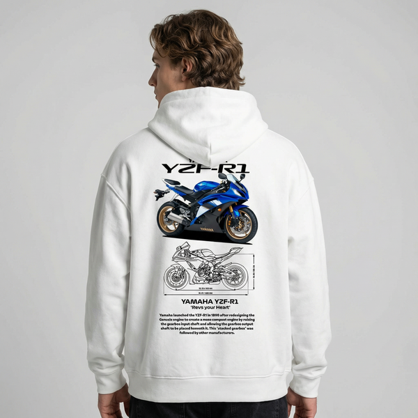White Yamaha YZF-R1 hoodie back view with YZF-R1 superbike graphic print | Durty Bikerz