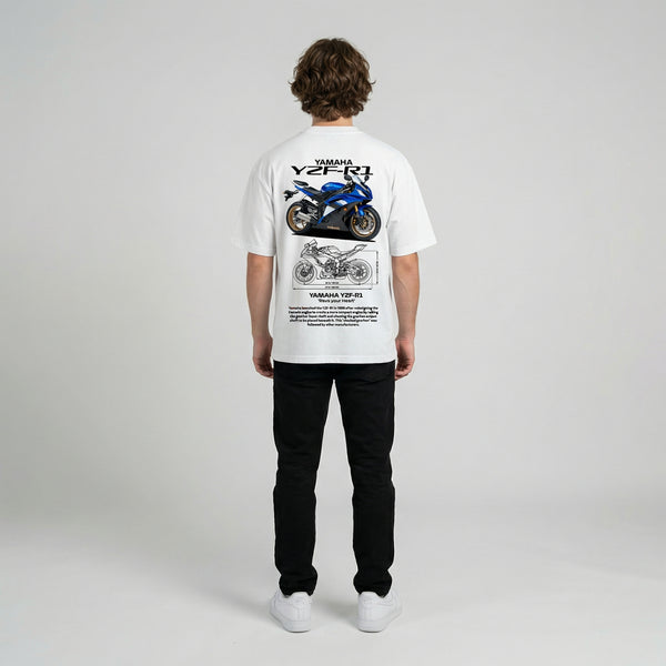 White Yamaha YZF-R1 t-shirt full body back view showing large YZF-R1 back print | Durty Bikerz