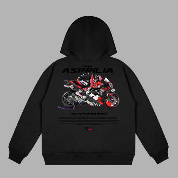 Black Aprilia MotoGP hoodie with Aprilia racing bike graphic in official MotoGP livery printed on the back
